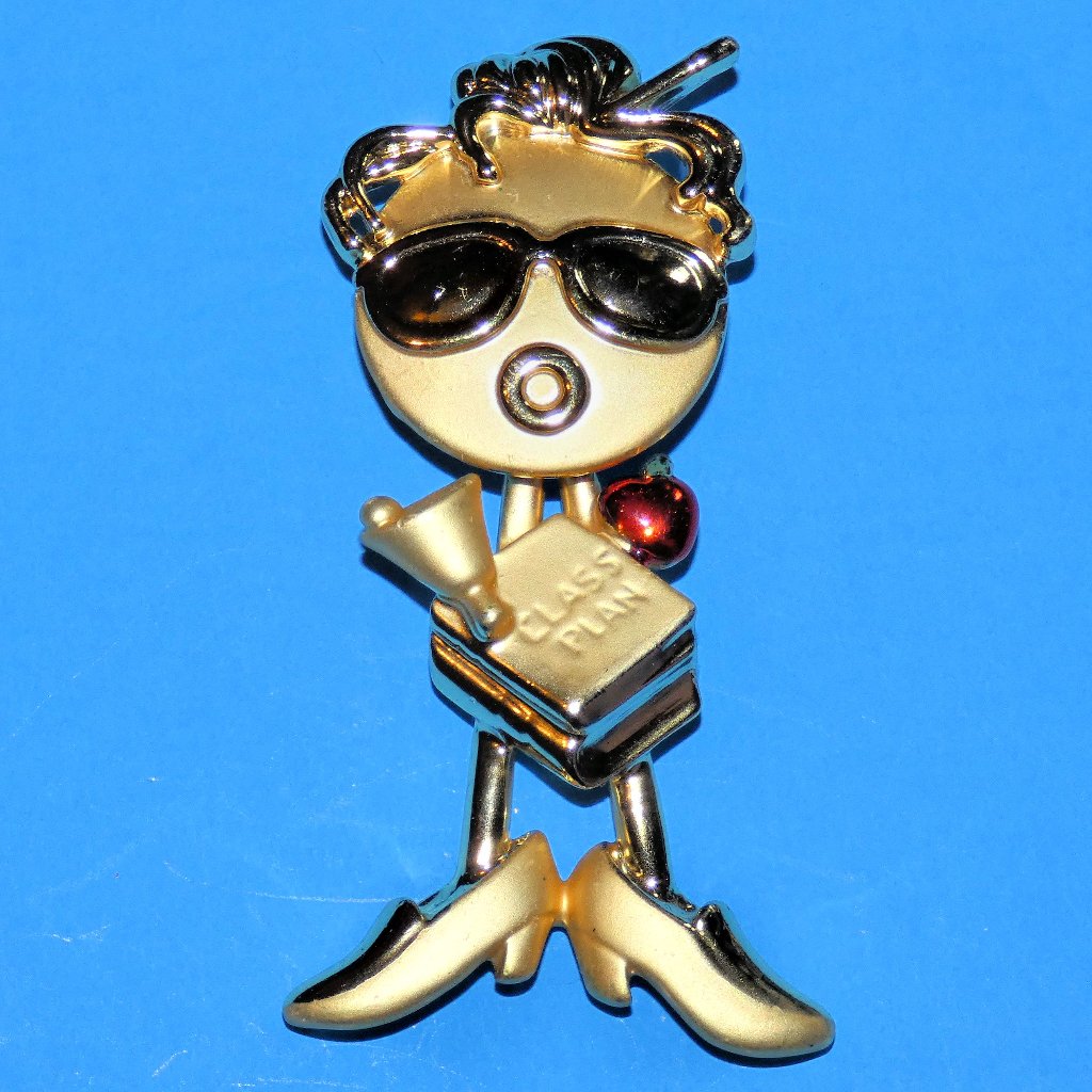 Vintage Signed Ajc Teacher Brooch Pin Articulated Head Apple Class Plan Gift 15$